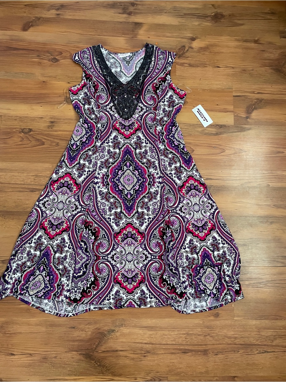 Allison Daley Purple and Pink Paisley Beaded V-Neck A-Line Dress